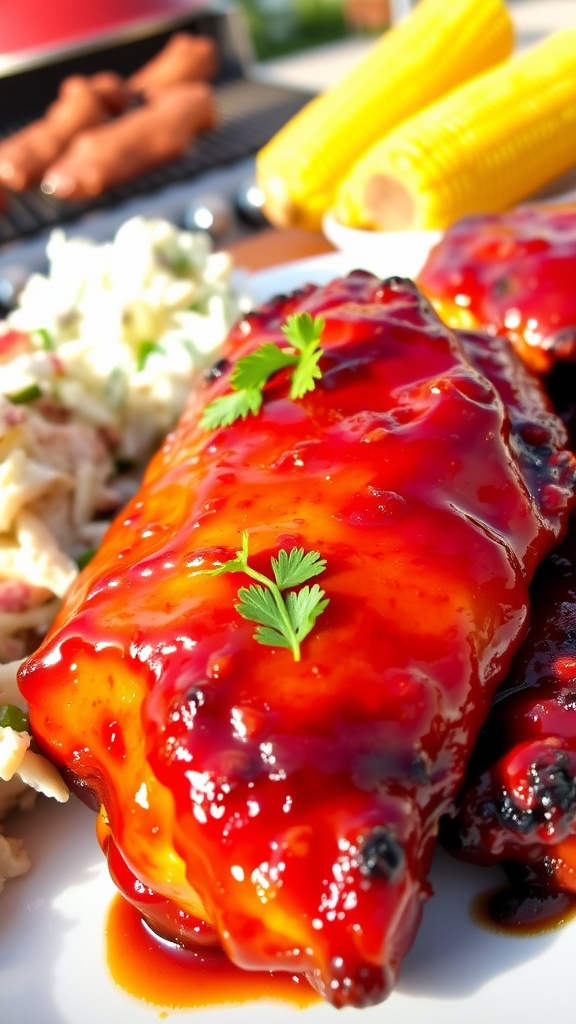 Grilled barbecue chicken on a plate with coleslaw and corn, garnished with parsley, in a sunny outdoor setting.